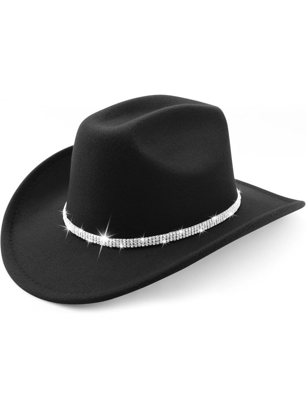 Women's Black Glitter Rhinestone Wide Brim Felt Cowboy Western Cowgirl Hat